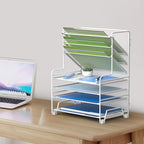 4-Tier Paper Organizer + 3-Pocket File Holder + Drawer + Pen Holders, Desktop File Organizers Paper Tray for Office Supplies School Classroom Organization (White, no Drawer & Pen Holder)
