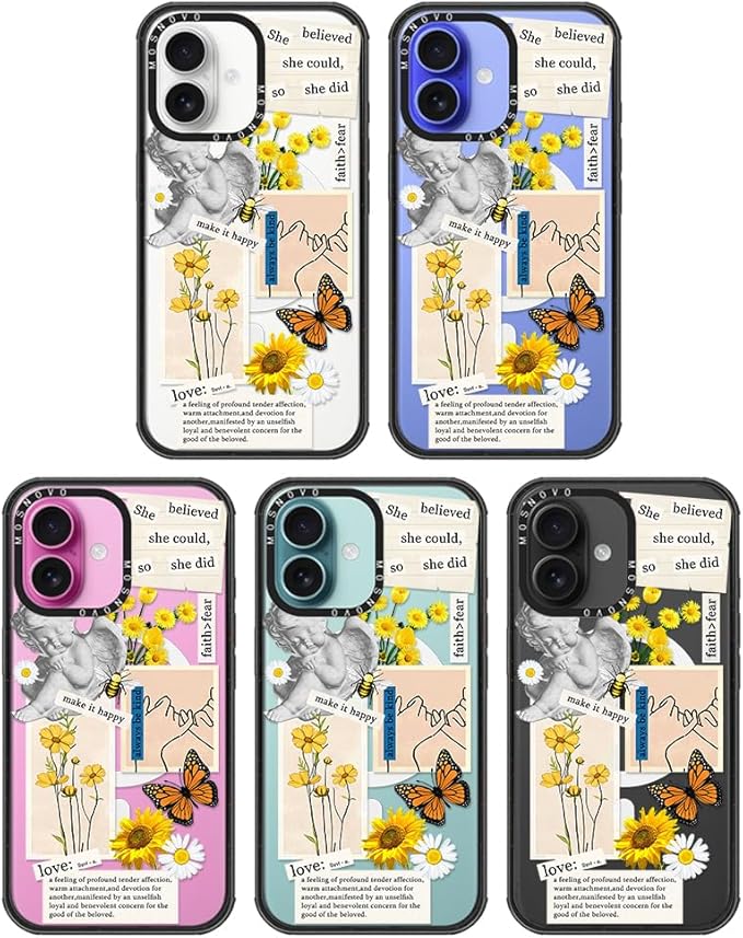 MOSNOVO Magnetic Case for iPhone 16, 10ft Military-Grade Protection, Compatible with Magsafe, Shockproof Phone Case for iPhone 16 - Vintage Collage Art - Clear Black