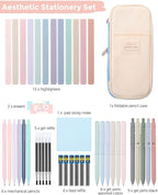 SKYDUE Cute School Supplies 44 PCS, Aesthetic Pencil Case with 12 Pastel Highlighters, 5 Black Gel Pens, 6 Color Gel Pens & Mechanical Pencils, College Essentials Students Stationary Set Blue