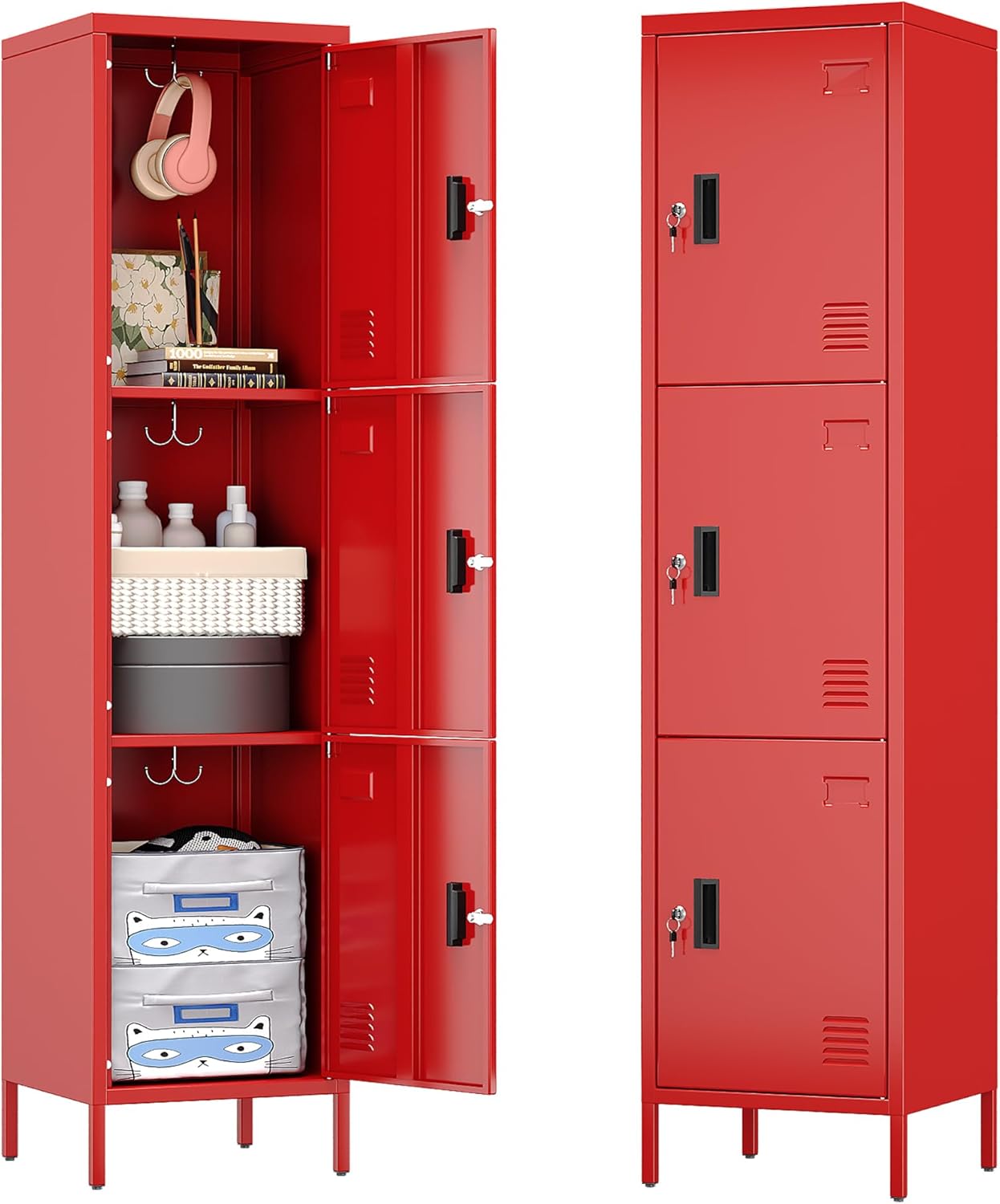 Metal Locker with Hooks and Ventilation Holes,Metal Storage Locker with Keys and Business Card Slof for Home,Gym,Garage,School,Office,66" H x 15.75" W x 15.75" D,Assembly Required,Red