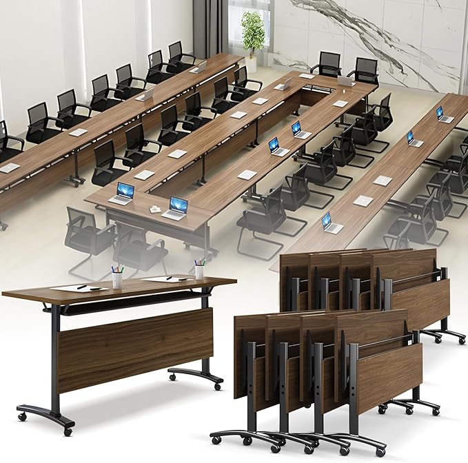 Folding Conference Room Table, Modern Conference Tables with Wheels, Large Rectangular Mobile Training Tables for Office Classroom, Foldable Modular Boardroom Seminar Table Walnut (8pack L47.2in)