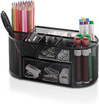 Comix Mesh Pen Pencil Holder Desk Organizer, 8 Compartment and 1 Drawer Wire Desktop Pen Pencil Cup Caddy Office Supplies Accessories for Home Office School, Black