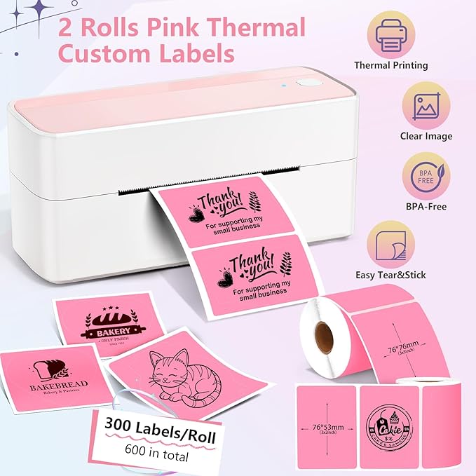 2 Rolls Pink Thermal Labels Personalized & Business Customized Label Stickers for Phomemo 241BT for MUNBYN 130B/RW402B Printers, 600Pcs Waterproof Shipping Label Sheet for Logo/Name/Thanks