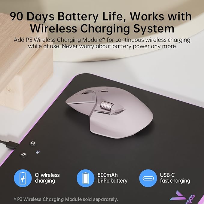 Rapoo MT760Mini Bluetooth Wireless Mouse - Bluetooth 5.0 and 2.4GHz Multi-Mode Connection, Support 4 Devices, M+ Cross Computer Technology, 11 Programmable Buttons,Pink