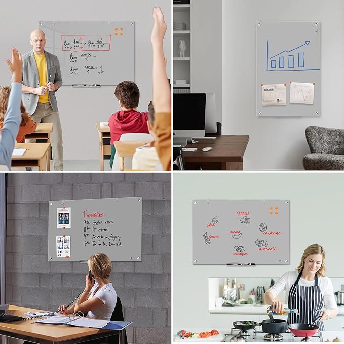 TSJ OFFICE Glass Dry-Erase Board - 36 x 24 Inches Wall Mounted Magnetic Whiteboard, Large Frameless Glass White Board for Office, Home & School, Gray
