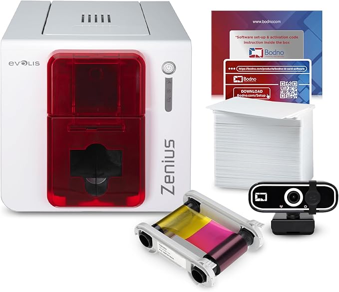Evolis Zenius Single Sided ID Card Printer & Complete Supplies Package with Bodno Silver Edition ID Software