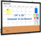 Monthly Calendar Whiteboard Dry Erase Cork Board Combo, 24" x 18" Magnetic Double-Sided Calendar White Board and Bulletin Board with Black Aluminium Frame, Portable Whiteboard for Office, Home, School