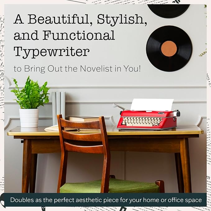 Maplefield Vintage Manual Typewriter Machine - Red Typewriter for Writers & Authors - Antique Desk Decor & Office Accessory - Compact Design & Easy Setup