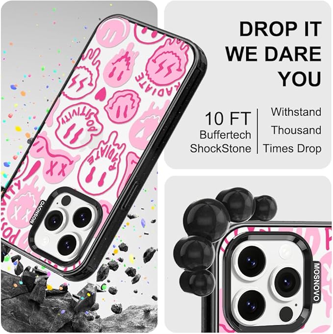 MOSNOVO Case for iPhone 14 Pro Max, [10ft 4X Military-Grade Drop Protection] Durable & Shockproof Phone Case Cover Design for iPhone 14 Pro Max - Pink Dripping Smiles - Clear Black