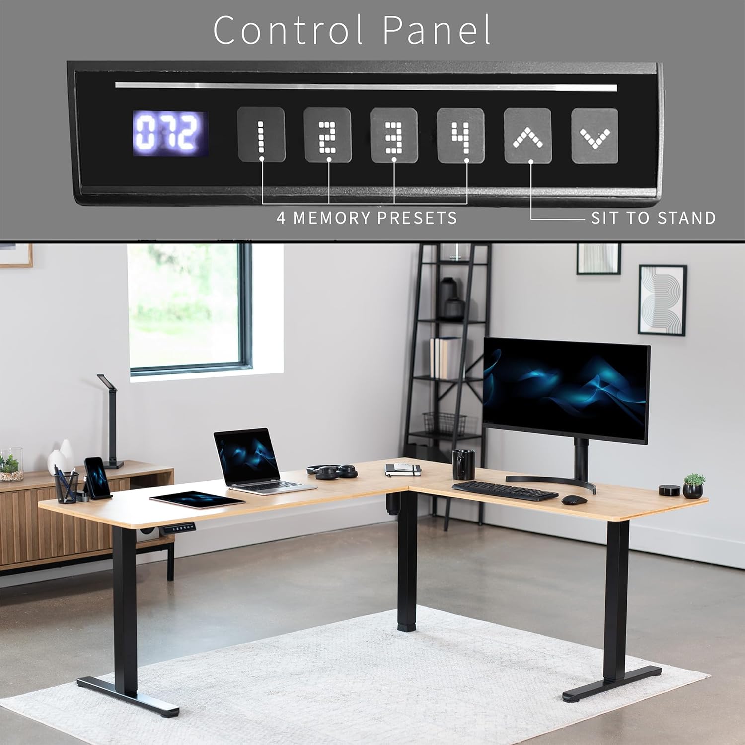 VIVO Electric Corner L-Shaped 75 x 63 in Real Bamboo Standing Desk, Memory Height Adjustment, Black Frame, DESK-E3CTBO-75