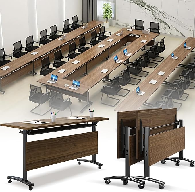 Folding Conference Room Table, Modern Conference Tables with Wheels, Large Rectangular Mobile Training Tables for Office Classroom, Foldable Modular Boardroom Seminar Table Walnut (2pack L70.9in)