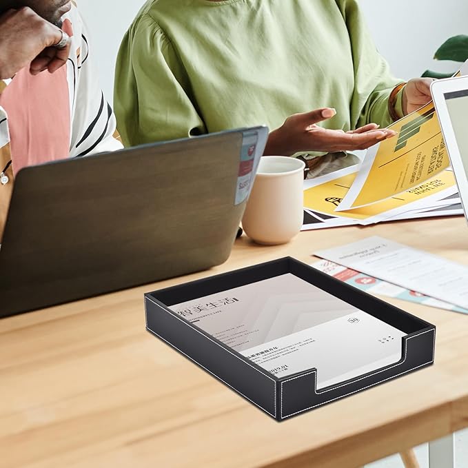 Leather 1-Layer Letter Tray Stackable File Document Tray,A4 Paper Case Rack Desk Office Supplies Organizer Holders,Desktop Organization, Pen Mail Magazine Storage Box(Black)