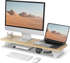 Fenge Monitor Stand Riser, Desk Top Shelf for 2 Monitors, Computer Stands for Desk, Wood & Steel Desktop Riser for Laptop, PC, Printer