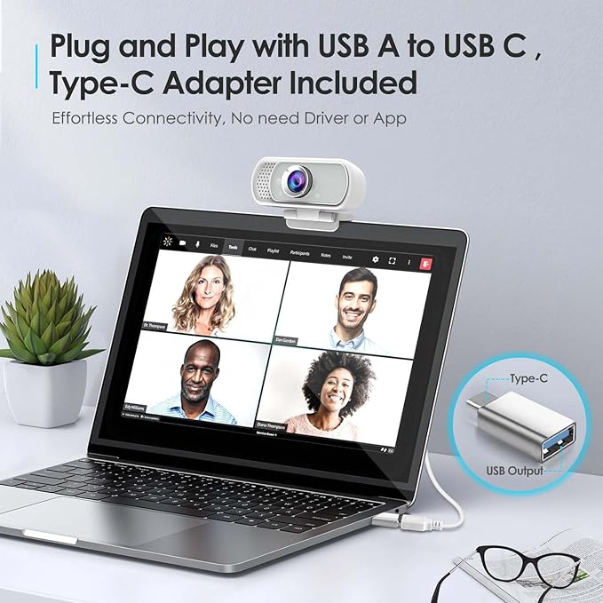 Webcam with Tripod Privacy Shutter: 1080P FHD Web Camera with Mic, Plug & Play USB A USB C Webcam with Stand, White Wide Angle Noise-Canceling Microphone Compact Web Cam for Online Meeting Classes