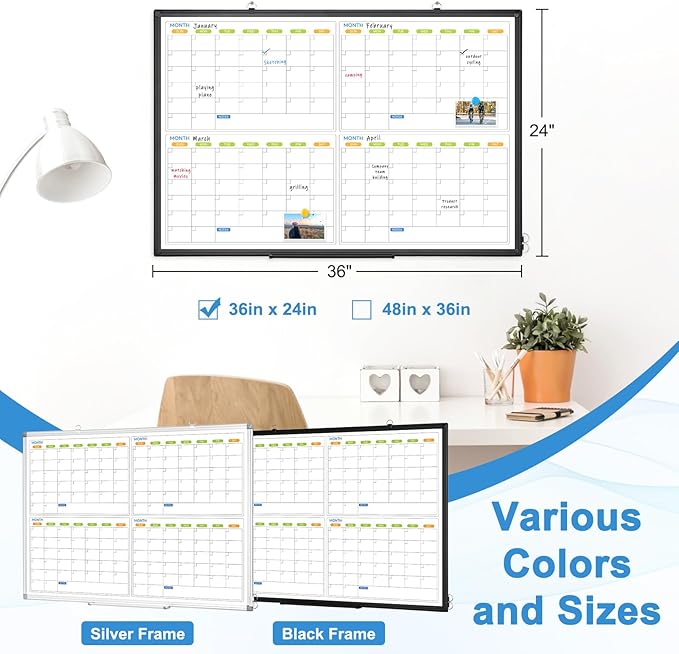 Dry Erase Calendar For Wall 4 Month, WALGLASS 36" x 24" Large Double-sided White Board Calendar, Dry Erase Monthly Planner Board, Black Aluminum Frame Hanging Wall Mounted Board for Office Home School