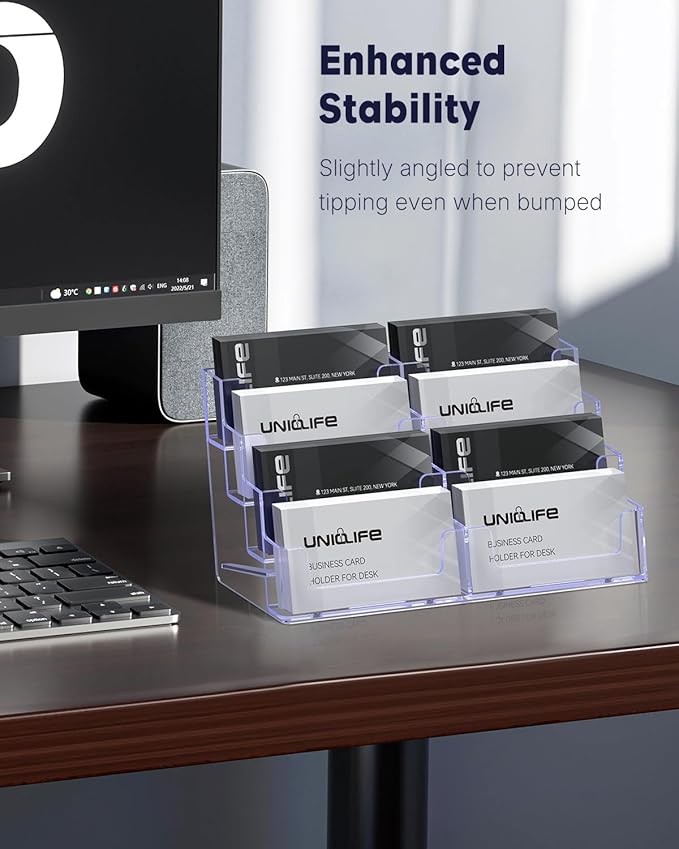 Uniclife 4 Pack Acrylic Business Card Holder for Desk 8 Slots Clear Business Card Display Stand for Men & Women Desktop Business Card Organizer Card Stand for Office Home Exhibition, 480 Card Capacity