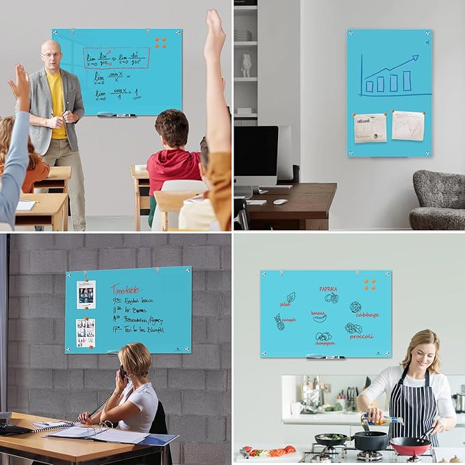 TSJ OFFICE Glass Dry-Erase Board - 36 x 24 Inches Wall Mounted Magnetic Whiteboard, Large Frameless Glass White Board for Office, Home & School, Blue