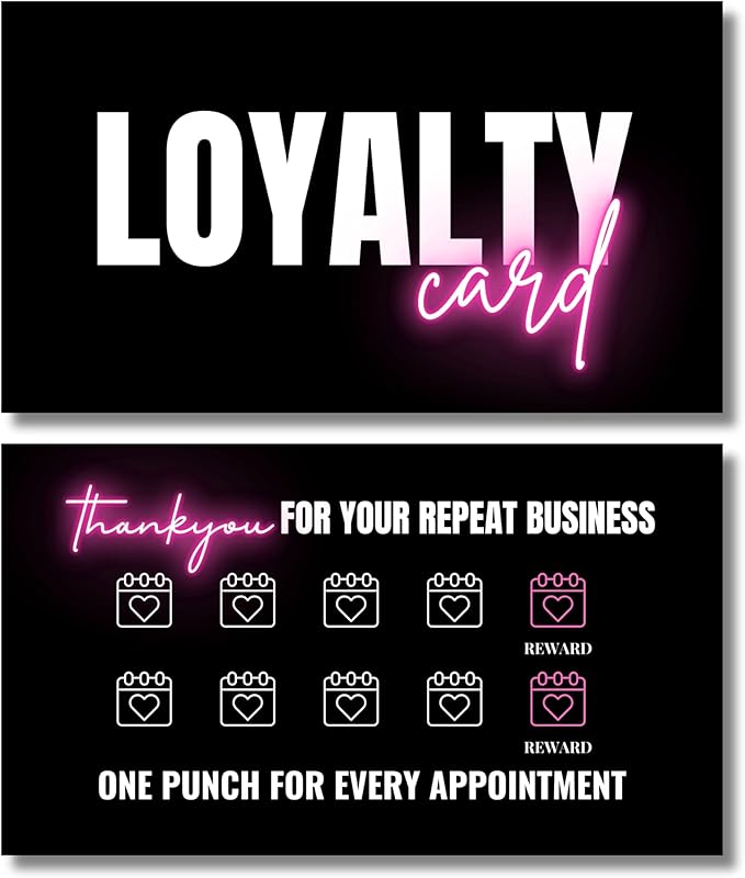 Beauty Business Loyalty Card, 10-Punch Reward System, Business Card size, 55 cards, full color high gloss front and back, UV coated, Modern design, create your own reward (Black and Hot pink)