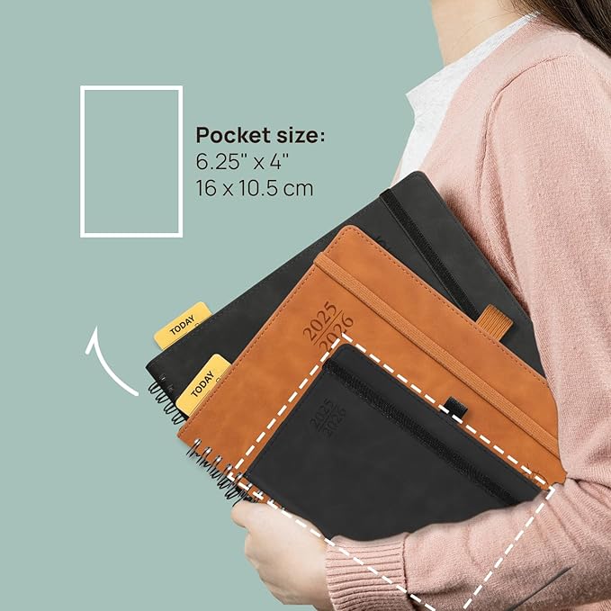 POPRUN Planner 2025-2026 Weekly Notebook for Purse(Pocket Size 4''x 6.25'') Small Academic Calendar (JUL.25 - JUN.26) with Monthly Tabs, Leather Soft Cover, Inner Pocket, 100 GSM - Petrol Green