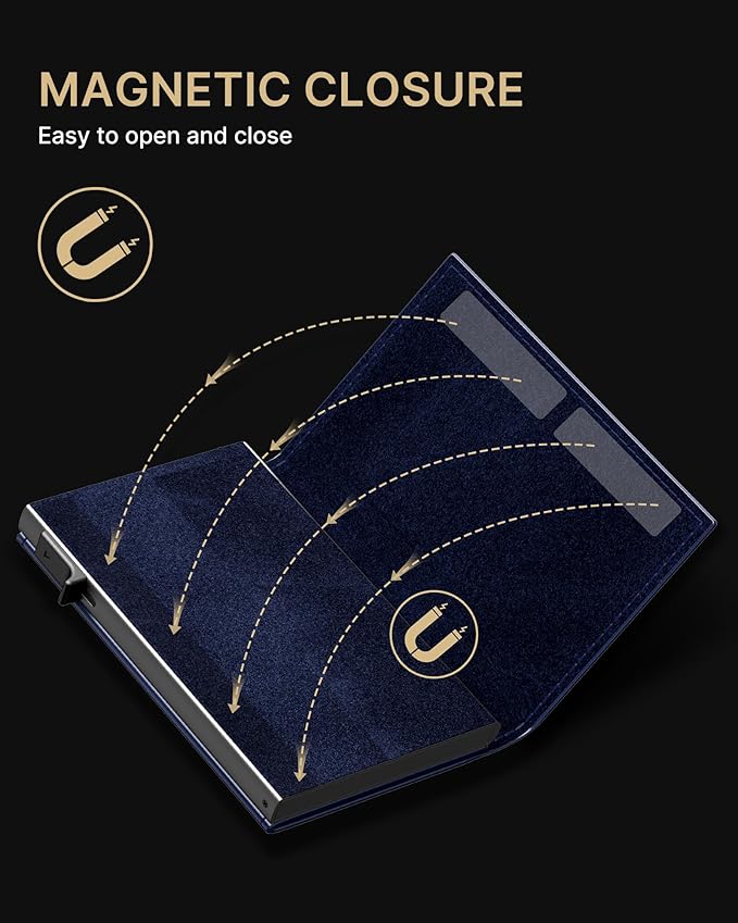 typecase Mens Wallet Card Holder: Pop Up Aluminum Case, Premium Genuine Leather, Smart, RFID Blocking, Slim, Minimalist, Front Pocket - 9-14 Card Capacity | ID Window | Cash Slot (Navy)