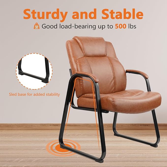 CLATINA Big & Tall 500 lb. Guest Chair, PU Leather Office Reception Chairs with Sled Base, Desk Chair No Wheels for Waiting Room Conference Lobby Computer Living Room, Brown, 2 Pack