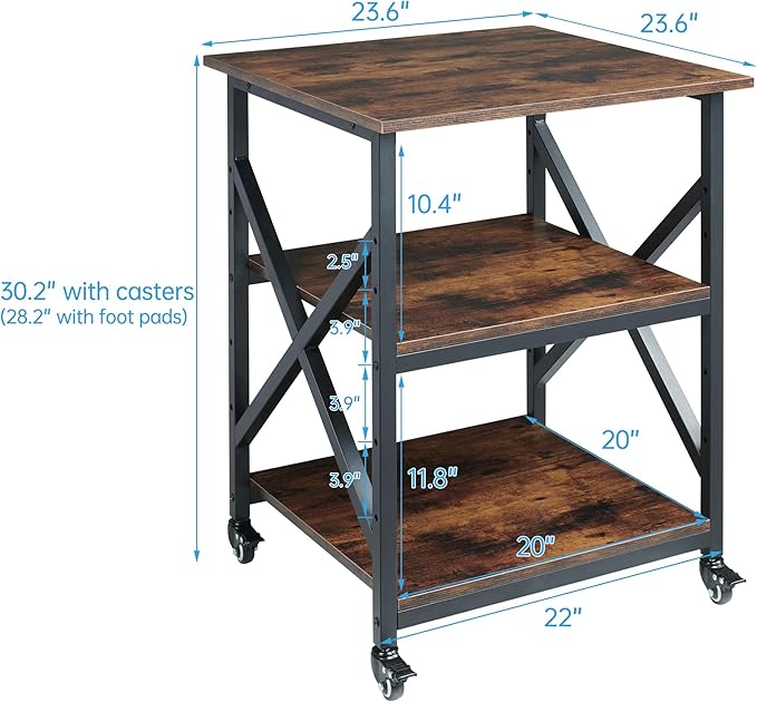 23.6 x 23.6 Inches Large Printer Stand, 3 Tier Square Printer Table with Height Adjustable Storage Shelf, Rolling Printer Cart with Industrial Wheels for Home Office - Rustic Brown