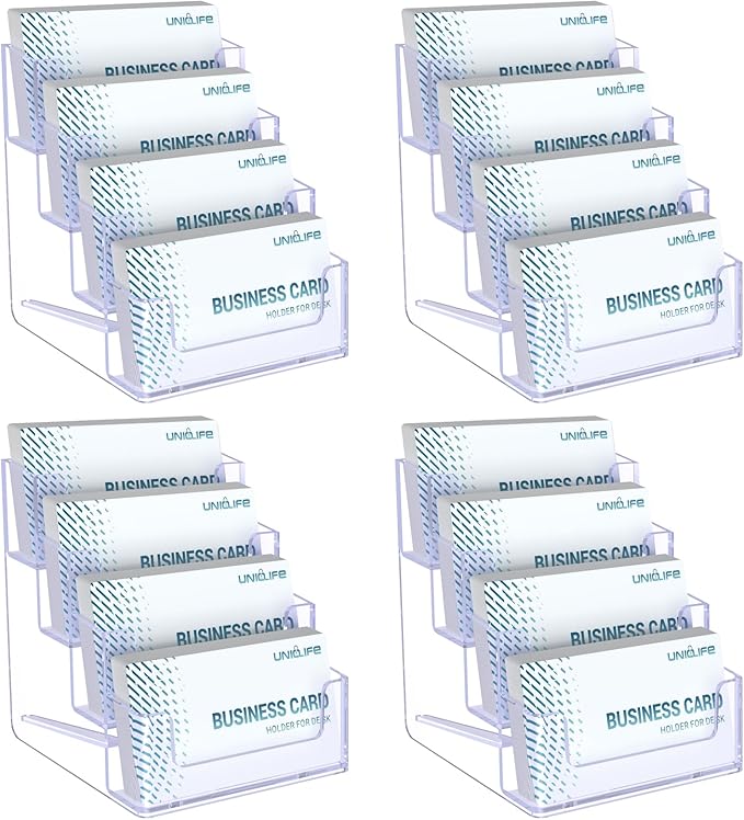 Uniclife 4 Pack Acrylic Business Card Holder for Desk 4 Slots Clear Business Card Display Stand for Men & Women Desktop Business Card Organizer Card Stand for Office Home Exhibition, 240 Card Capacity