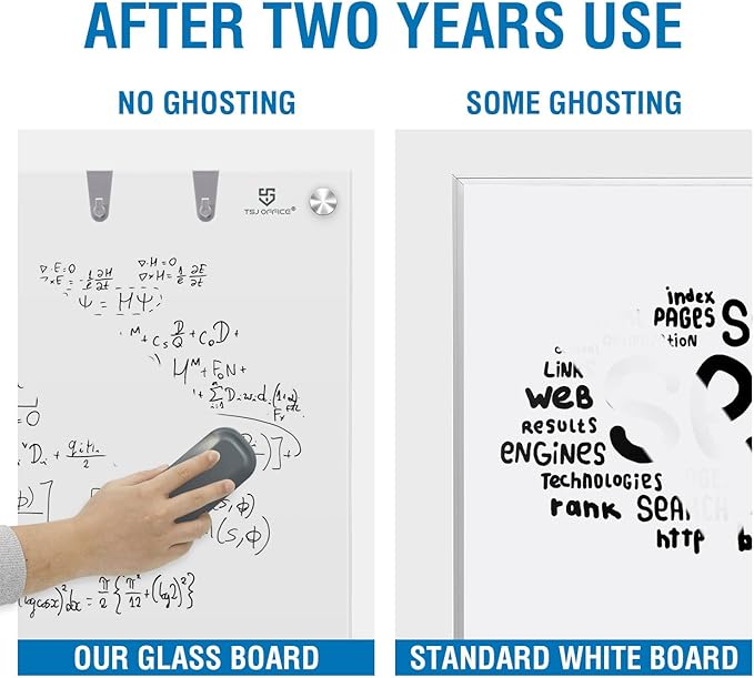 TSJ OFFICE Glass Dry-Erase Board - 36 x 24 Inches Brilliance White Magnetic Glass Whiteboard, Wall Mounted Large Frameless White Board for School, Home & Office
