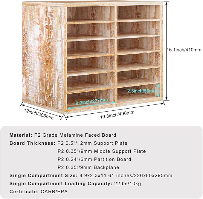 PAG Countertop Mail Sorter Organizer, Wooden Literature Organizer, Student Mailbox for Classroom, Desktop Bill Organizer for Office Home School, 12 Compartments, Retro White