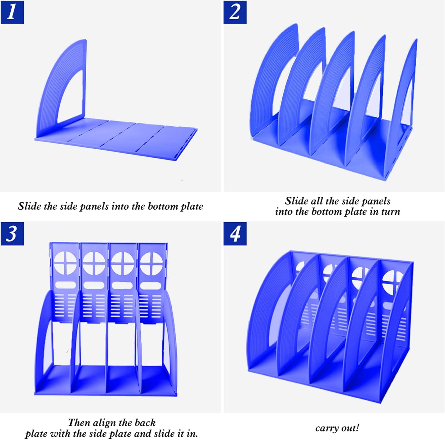 SAYEEC File Holder Storage Folder 4 Compartment Standing Desktop Hollow Organizer Blue Files Shelf Frame Thicken Plastic Paper Notebook Magazine Bookstore for Office School Supplier Students