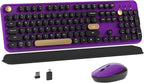 Colorful Wireless Computer Keyboard and Mouse Combo with Round Typewriter Keycaps, Retro Design, Power Switch, Ergonomic Design, 2.4GHz Wireless for Windows, Mac, PC(Black-Purple)