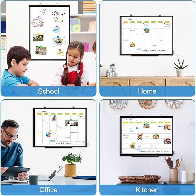 Dry Erase Calendar Whiteboard for Wall, WALGLASS 24" x 18" Magnetic White Board, Monthly Dry Erase Calendar with Black Aluminum Frame, Double-Sided Hanging Portable Board for Office, Home, School