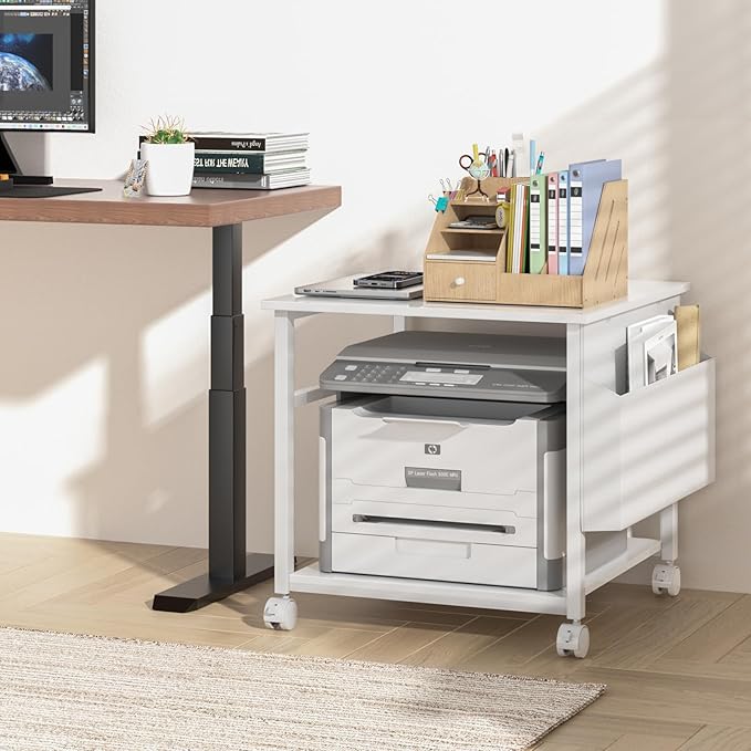 Lerliuo Large Printer Stand with Storage Shelf, 23.6 x 23.6 x 22.8 Industrial Printer Table for Home Office, Rolling Printer Cart Holder with Lockable Wheels, Mobile Mini Fridge Stand Table (White)