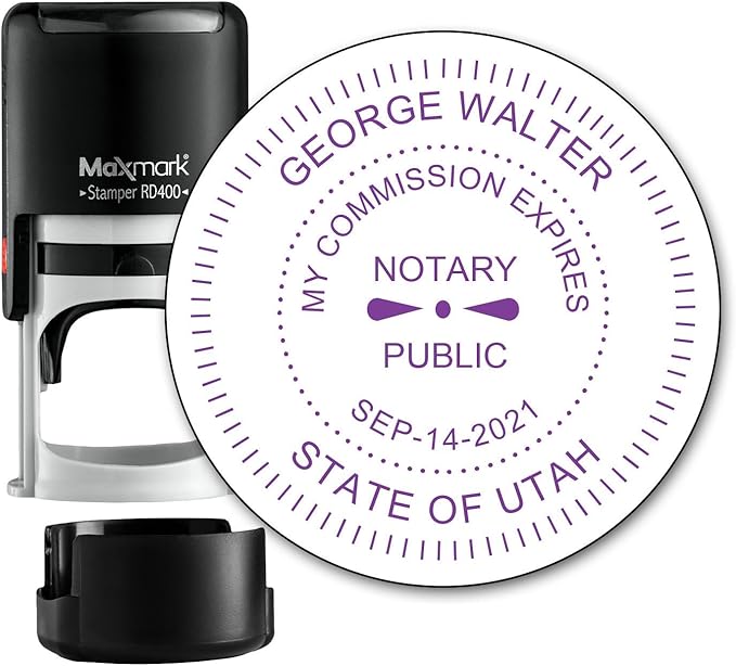 Round Notary Stamp for State of Utah- Self Inking Stamp - Top Brand Unit with Bottom Locking Cover for Longer Lasting Stamp - 5 Year Warranty