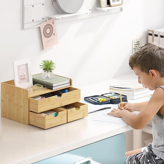 Bamboo Desk Organizer with Drawers Desktop Storage Drawers for Bills Office Supplies Kitchen Utensils Organizing Tool for Home Classroom Organization No Assembly (Nature 3 Drawers)