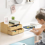 Bamboo Desk Organizer with Drawers Desktop Storage Drawers for Bills Office Supplies Kitchen Utensils Organizing Tool for Home Classroom Organization No Assembly (Nature 3 Drawers)