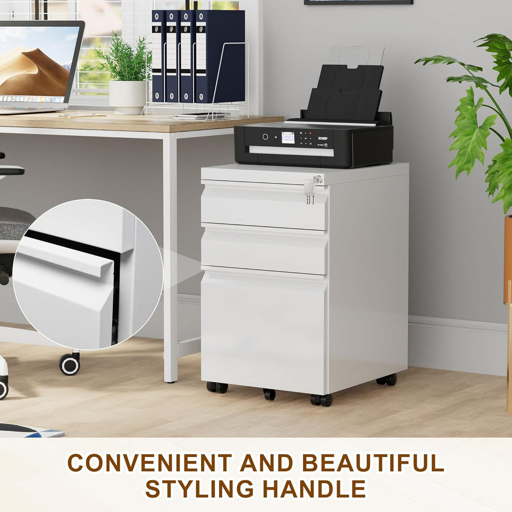 Metal Mobile File Cabinet with Lock and 4 Keys - Fully Assembled, Under Office Desk 3 Drawers Filing Cabinet for Home Office with Anti-tilt Wheels, A4/Legal/Letter Hanging File Drawers