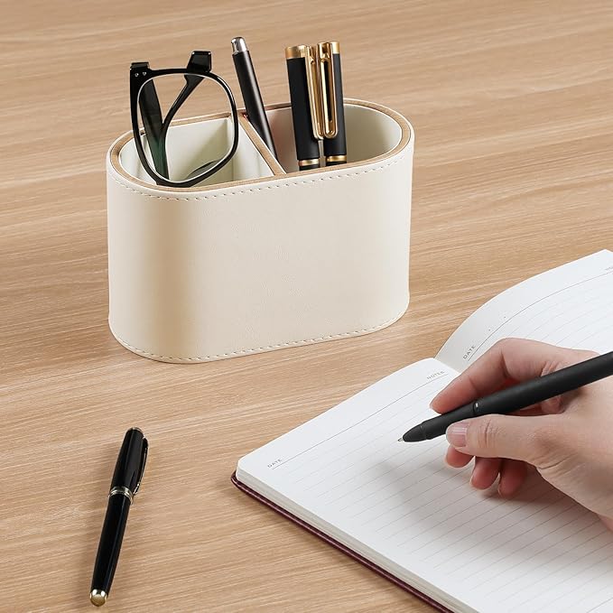 PU Leather Pen Holder for Desk, Small Remote Control Holder Pencil Cup Multifunctional Desktop Organizer Caddy for Home School Office Desk Accessories - 2 Compartments (Beige)