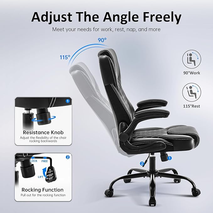 Office Chair, Executive Leather Chair Home Office Desk Chairs, Ergonomic Computer Desk Chair with Adjustable Flip-Up Arms, Lumbar Support Swivel Task Chair with Rocking Function (Black)