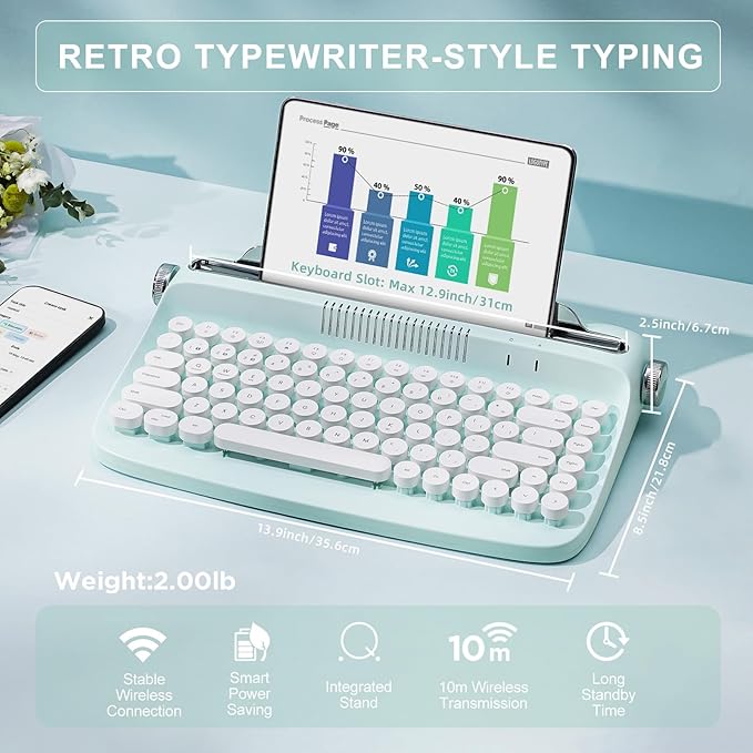 YUNZII ACTTO B303 Wireless Typewriter Keyboard, Bluetooth Connection, Cute Retro Aesthetic Design with Integrated Stand for Tablet, Phone, PC and Win/Mac/Android (B303, Sweet Mint)