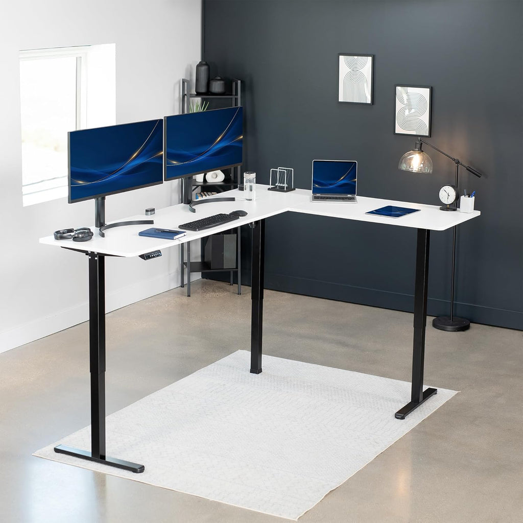 VIVO Electric Corner L-Shaped 84 x 63 in Standing Desk, Memory Height Adjustment, White Top Black Frame, DESK-E3CTBW-84