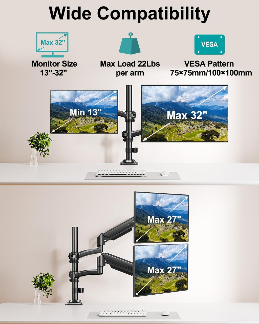 Dual Monitor Stand for Desk, Taller Monitor Arms for 2 Screens up to 32 inch, Ergonomic Adjustable Gas Spring Double Computer Monitor Mount, Holds 4.4-22lbs, VESA 75/100mm, Black, Freelift