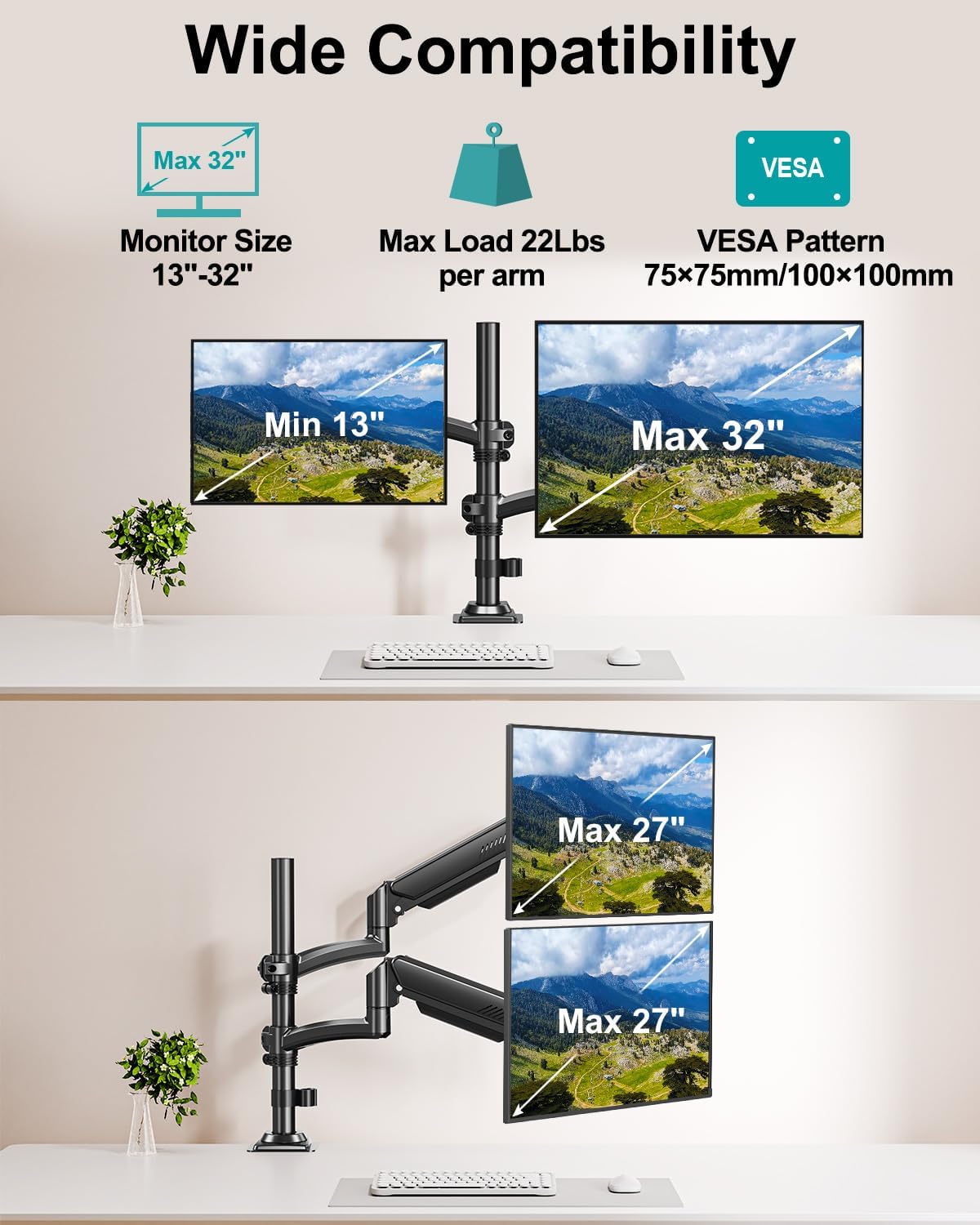 Dual Monitor Stand for Desk, Taller Monitor Arms for 2 Screens up to 32 inch, Ergonomic Adjustable Gas Spring Double Computer Monitor Mount, Holds 4.4-22lbs, VESA 75/100mm, Black, Freelift