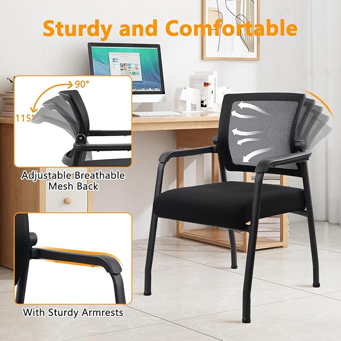 Desk Chair No Wheels with Adjustable Mesh Backrest, Arm Chair with Ergonomic Lumbar Support and Thickened Seats Cushion, Waiting Room Chairs for Office School Church Guest Reception