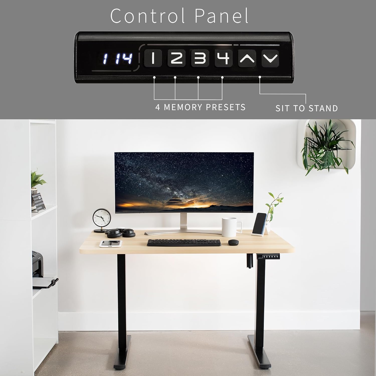 VIVO Electric 48 x 30 in Standing Desk, Memory Height Adjustment, 1B Series, One-Piece Light Wood Top, Black Frame, DESK-KIT-1B5C