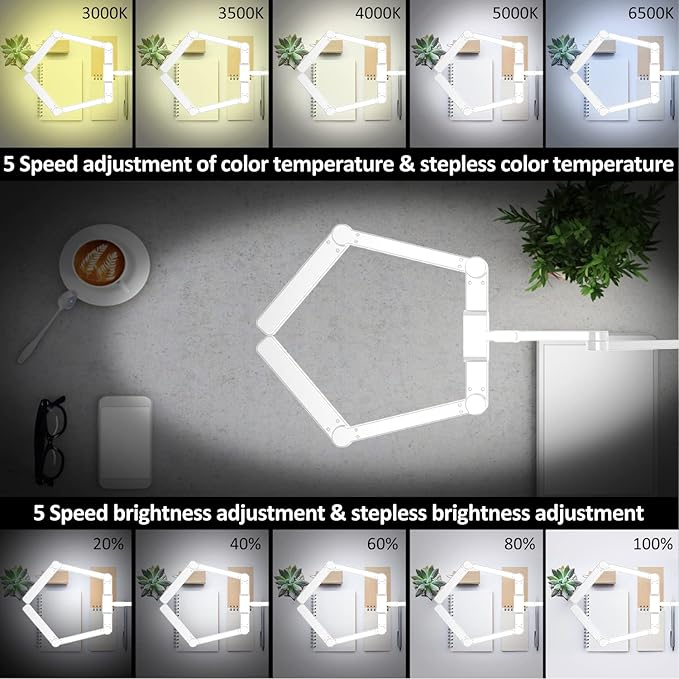 LED Desk Lamp for Home Office, 41.5" White Clip on Architect Desk Lamp with Clamp, 24W Adjustable Dimmable Bright Swing Arm Eye Care LED Table Light Clamp on Office Lighting