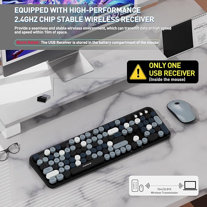 FOPETT 2.4GHz Wireless Keyboard and Mouse Set with Switch Button - Full-Size Keyboard - Compatible for Windows/Laptop/PC/Notebook/Smart TV and More - Grey Colorful