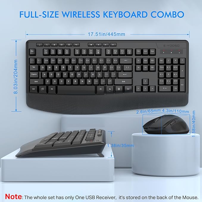 Wireless Keyboard and Mouse Combo, E-YOOSO 2.4GHz Full Sized Ergonomic Wireless Keyboard with Wrist Rest, 3 DPI Adjustable and 6 Buttons Cordless USB Mouse for Computer, Laptop, PC, Windows (Black)