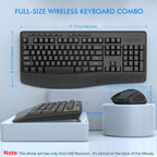Wireless Keyboard and Mouse Combo, E-YOOSO 2.4GHz Full Sized Ergonomic Wireless Keyboard with Wrist Rest, 3 DPI Adjustable and 6 Buttons Cordless USB Mouse for Computer, Laptop, PC, Windows (Black)