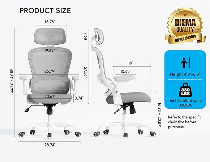 TRALT Office Chair - Ergonomic Office Chair with Back Support, Computer Chair - Home Office Desk Chairs, 330lbs Wide Seat Big and Tall Office Chairs with Headrest, Comfy Desk Chairs (Grey)